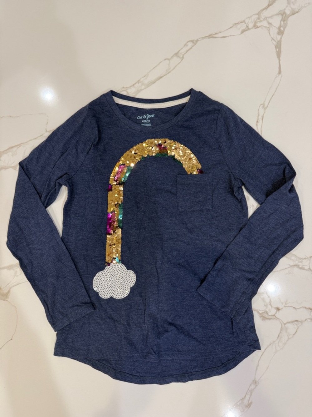 Cat & Jack Navy Long-Sleeve Tee with Gold Sequin Rainbow